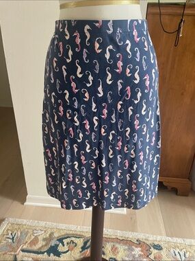 J. Jill Navy A-Line Skirt with Pink & Cream Seahorse Print